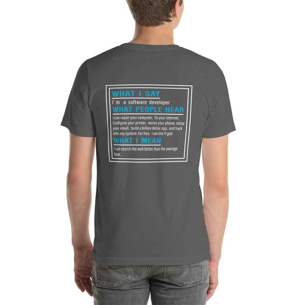 What I say, What people hear, What I mean Unisex t-shirt ( Back Print ) by DarkByteGear