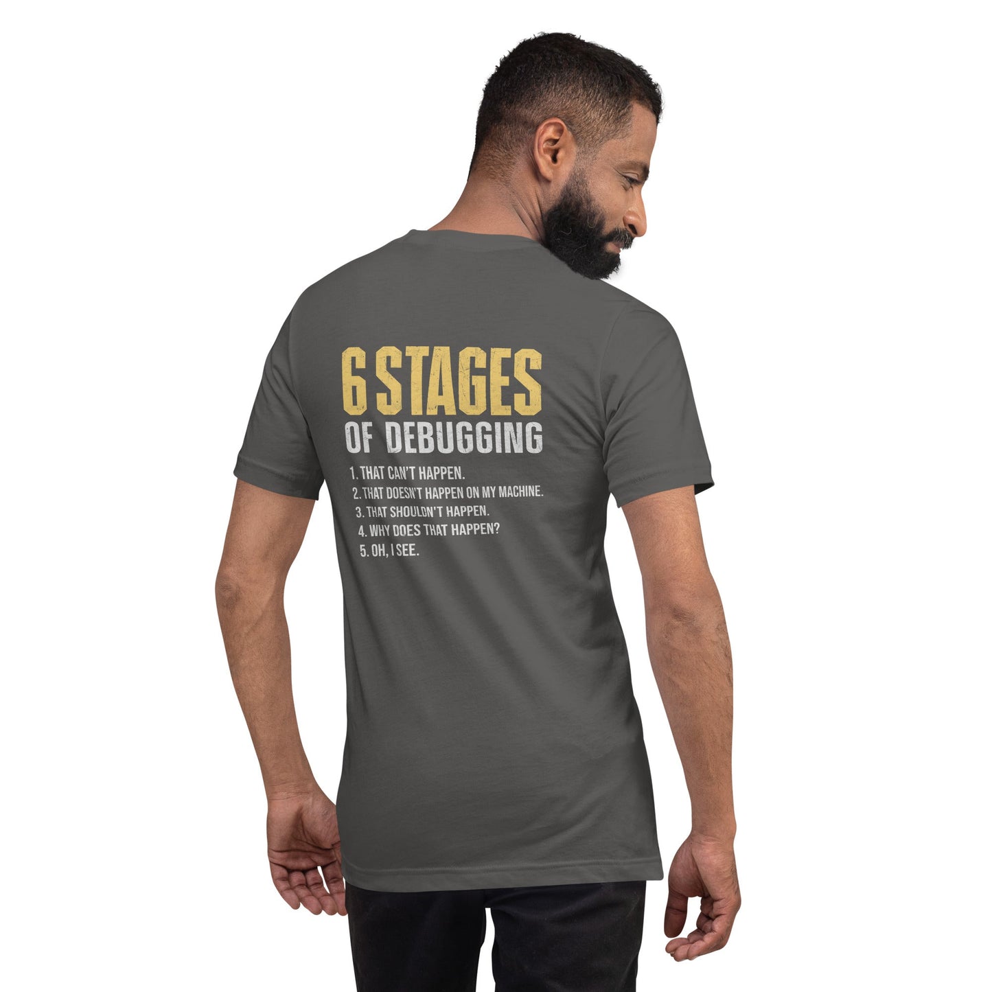 6 Stages of Debugging Yellow V Unisex t-shirt ( Back Print ) by DarkByteGear