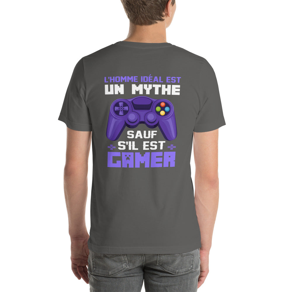 L'HOMME IDEAL EST UN MYTHE SAUF S'IL EST GAMER - Unisex t-shirt ( Back Print ) by DarkByteGear