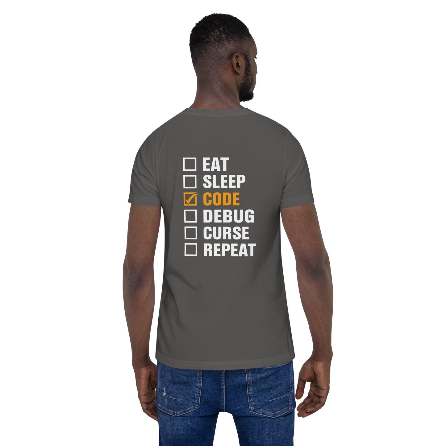 Eat, Sleep, Code √, Debug, Curse, Repeat - Unisex t-shirt by DarkByteGear