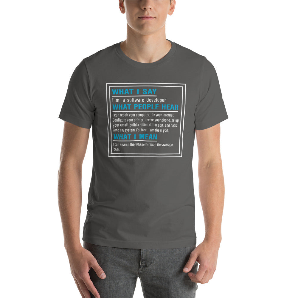 What I say, What people hear, What I mean Unisex t-shirt by DarkByteGear