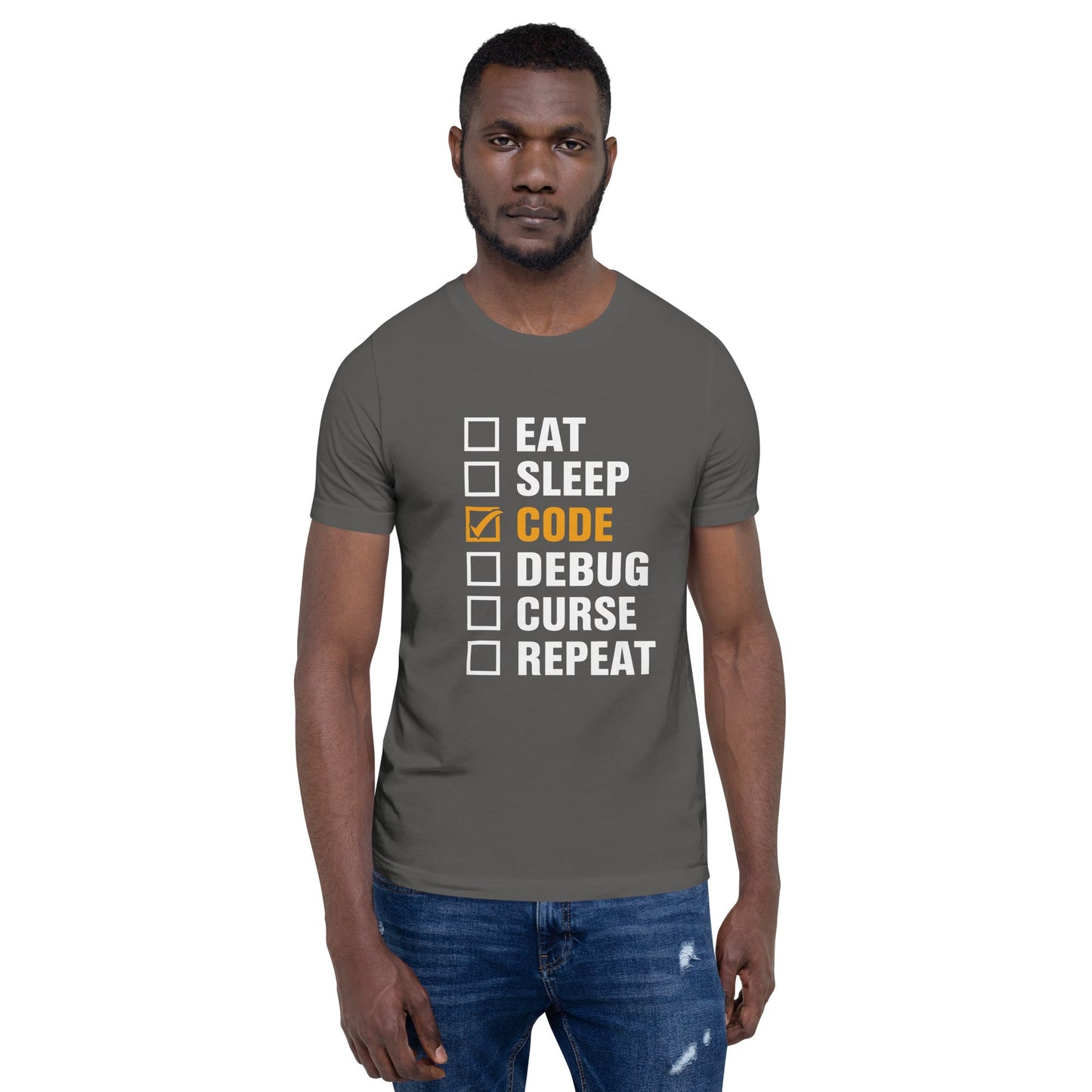 Eat, Sleep, Code √, Debug, Curse, Repeat - Unisex t-shirt by DarkByteGear