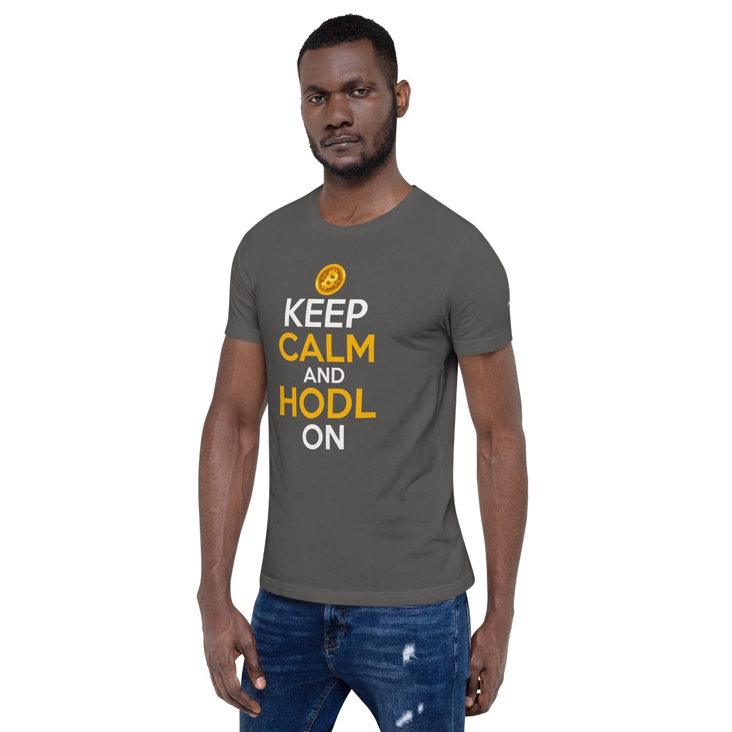 Keep Calm and HODL On ( Yellow and White Text ) - Unisex t-shirt by DarkByteGear