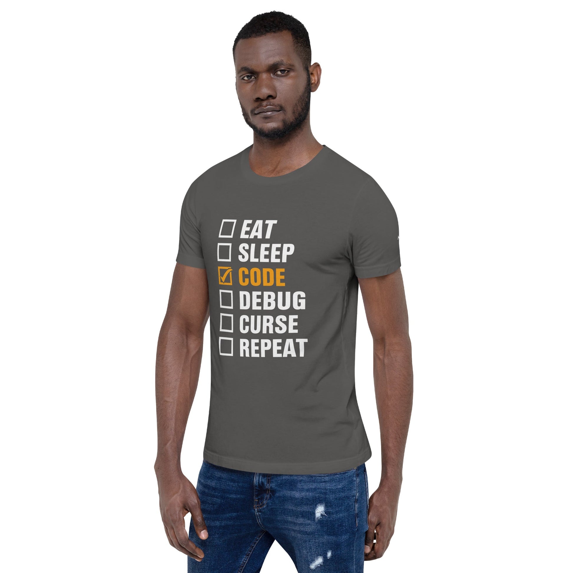 Eat, Sleep, Code √, Debug, Curse, Repeat - Unisex t-shirt by DarkByteGear