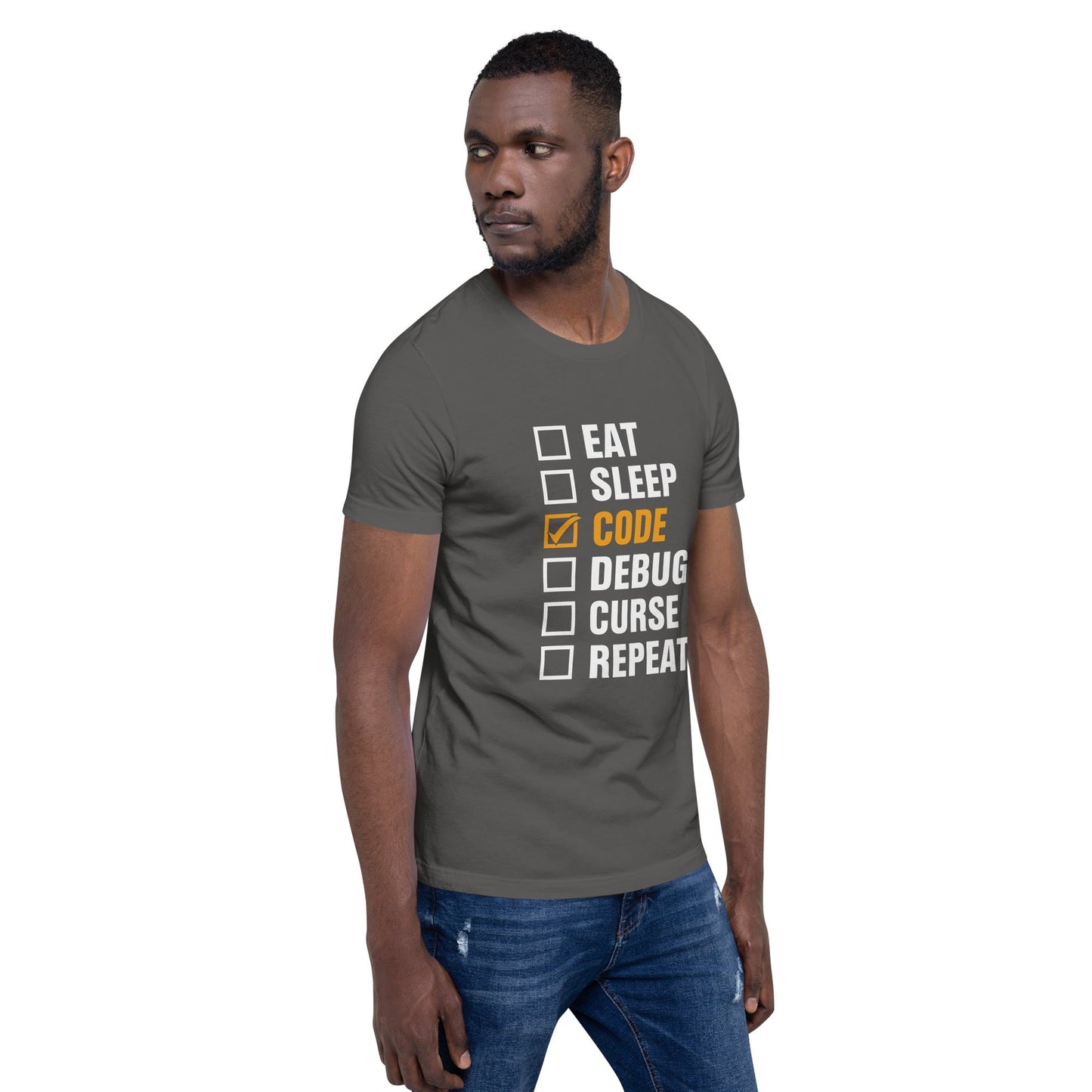 Eat, Sleep, Code √, Debug, Curse, Repeat - Unisex t-shirt by DarkByteGear