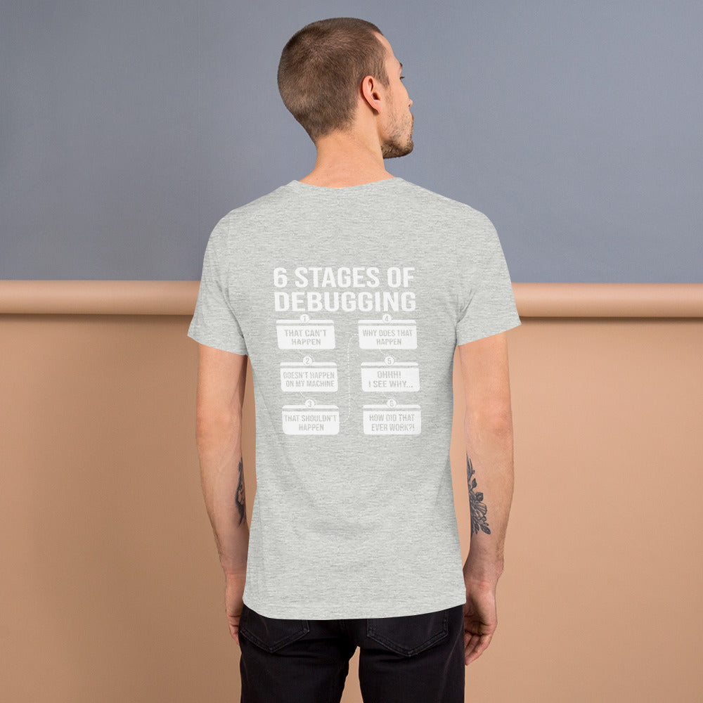 6 Stages of Debugging - Unisex t-shirt (back print) by DarkByteGear