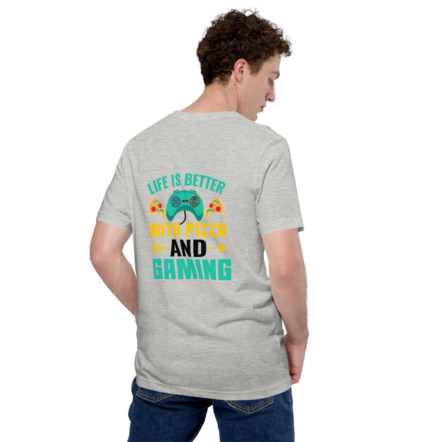 Life is Better With Pizza and Gaming Rima 14 in Dark Text -Unisex t-shirt by DarkByteGear