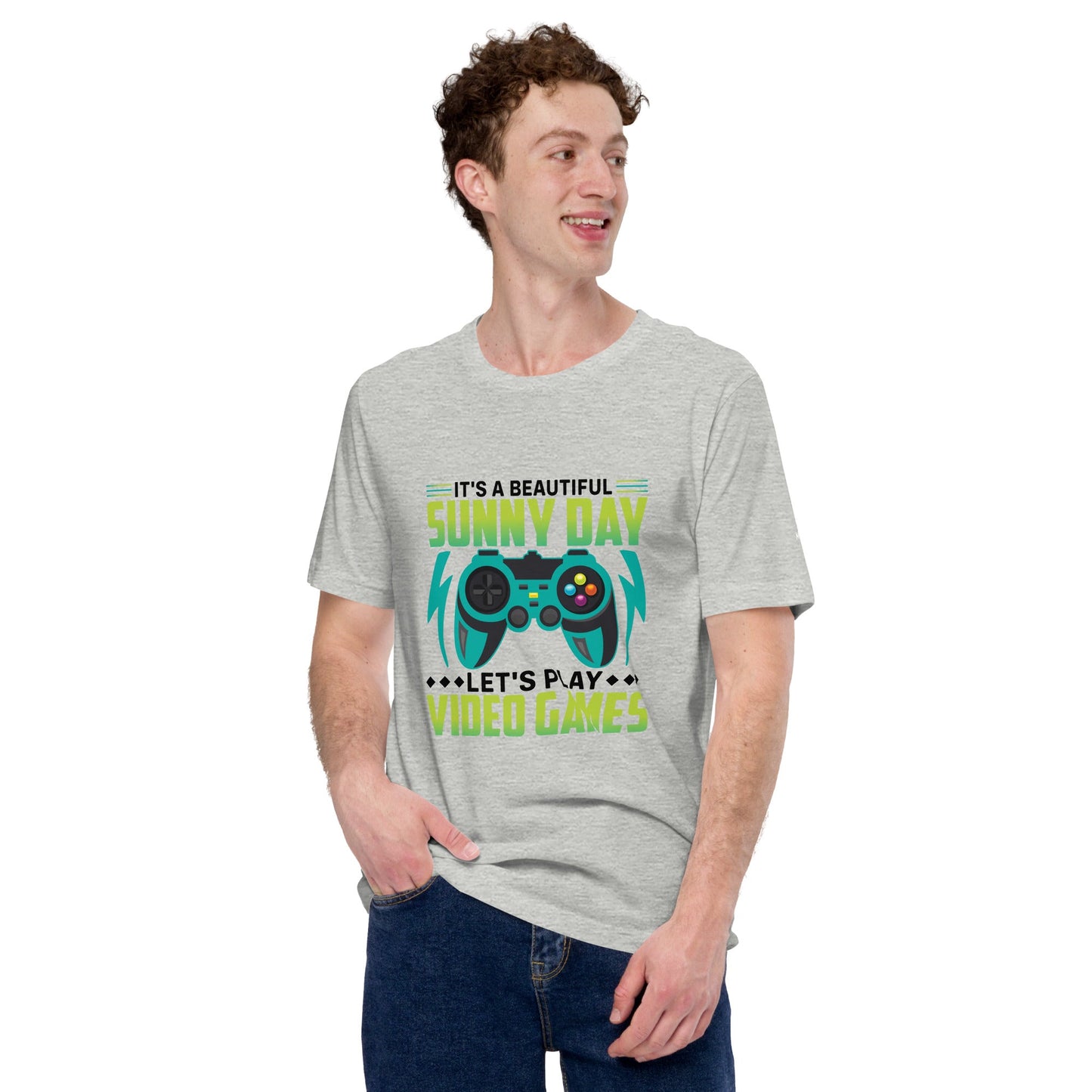 It is a Beautiful Sunny Day; Let's Play Video Games in Dark Text - Unisex t-shirt by DarkByteGear