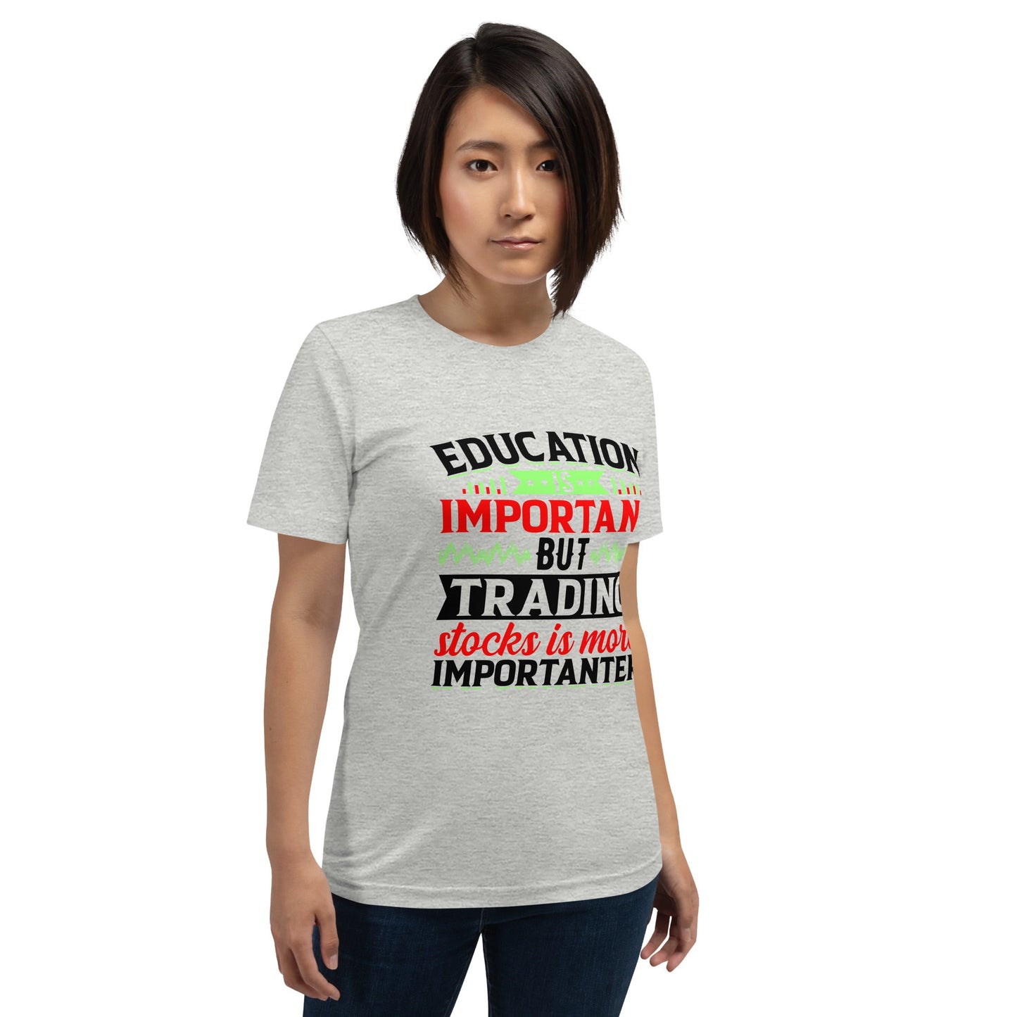 Education is important but trading stocks is more importanter in Dark Text - Unisex t-shirt by DarkByteGear
