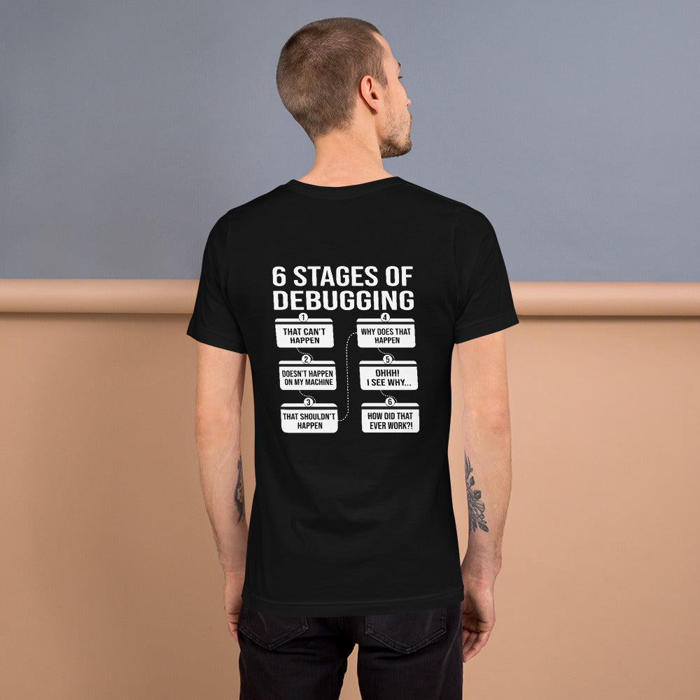 6 Stages of Debugging - Unisex t-shirt (back print) by DarkByteGear