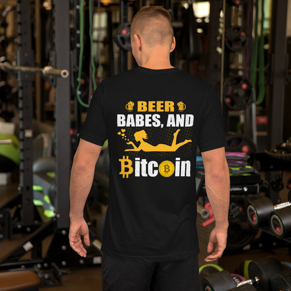 Beer, Babe, and Bitcoin Unisex t-shirt ( Back Print ) by DarkByteGear