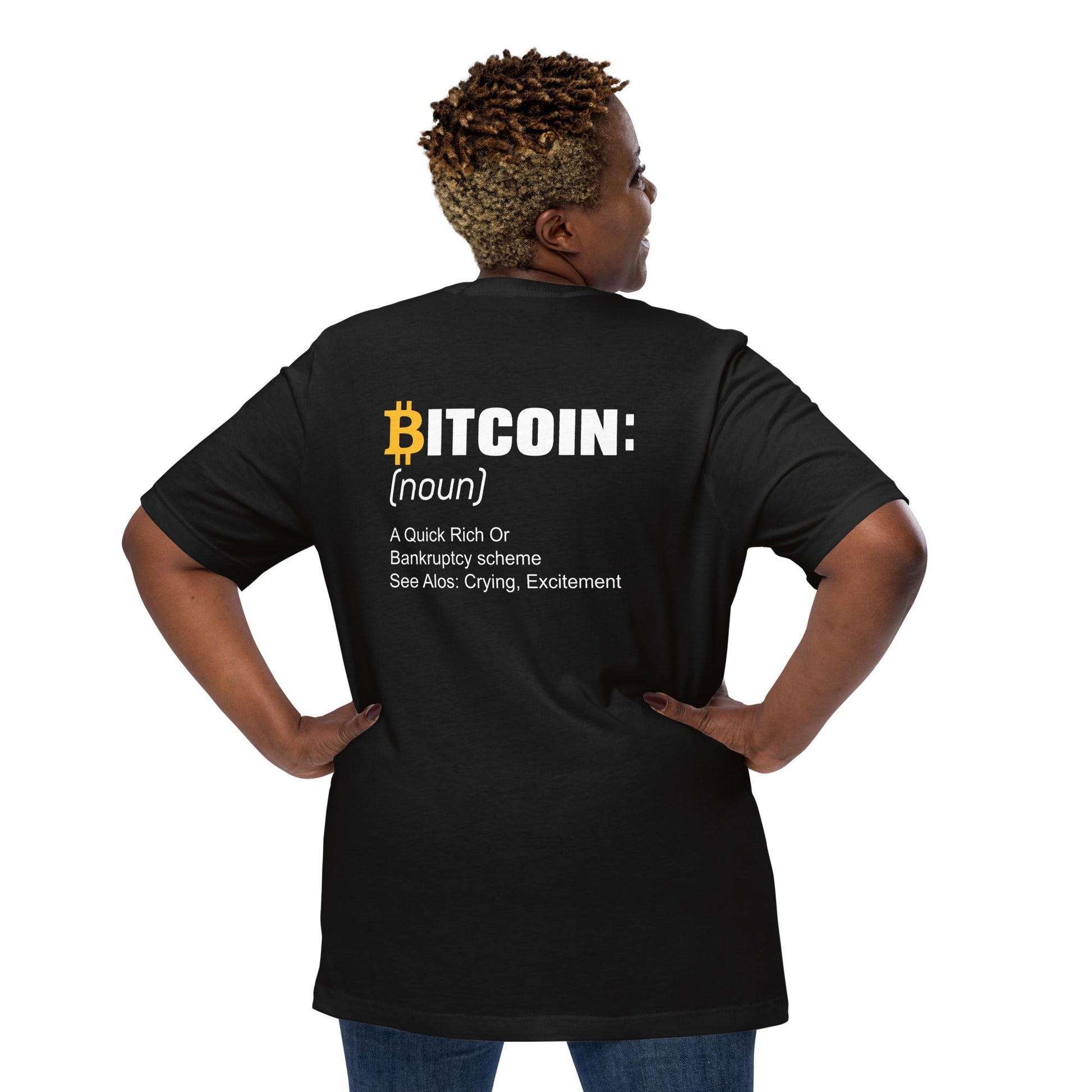 Bitcoin definition ( Yellow Cap B ) - Unisex t-shirt ( Back Print ) by DarkByteGear