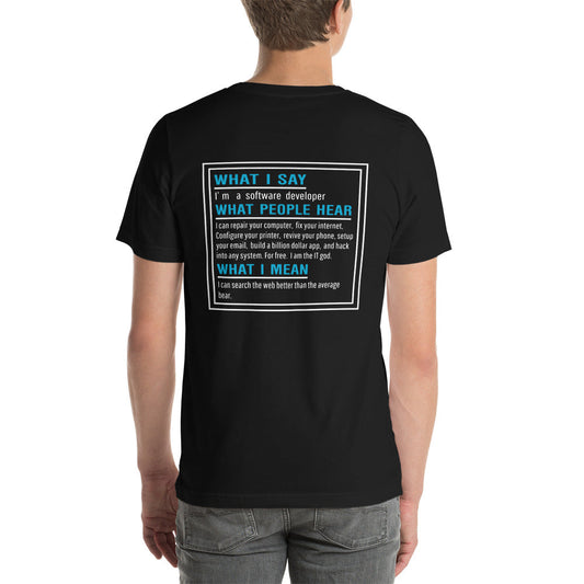 What I say, What people hear, What I mean Unisex t-shirt ( Back Print ) by DarkByteGear