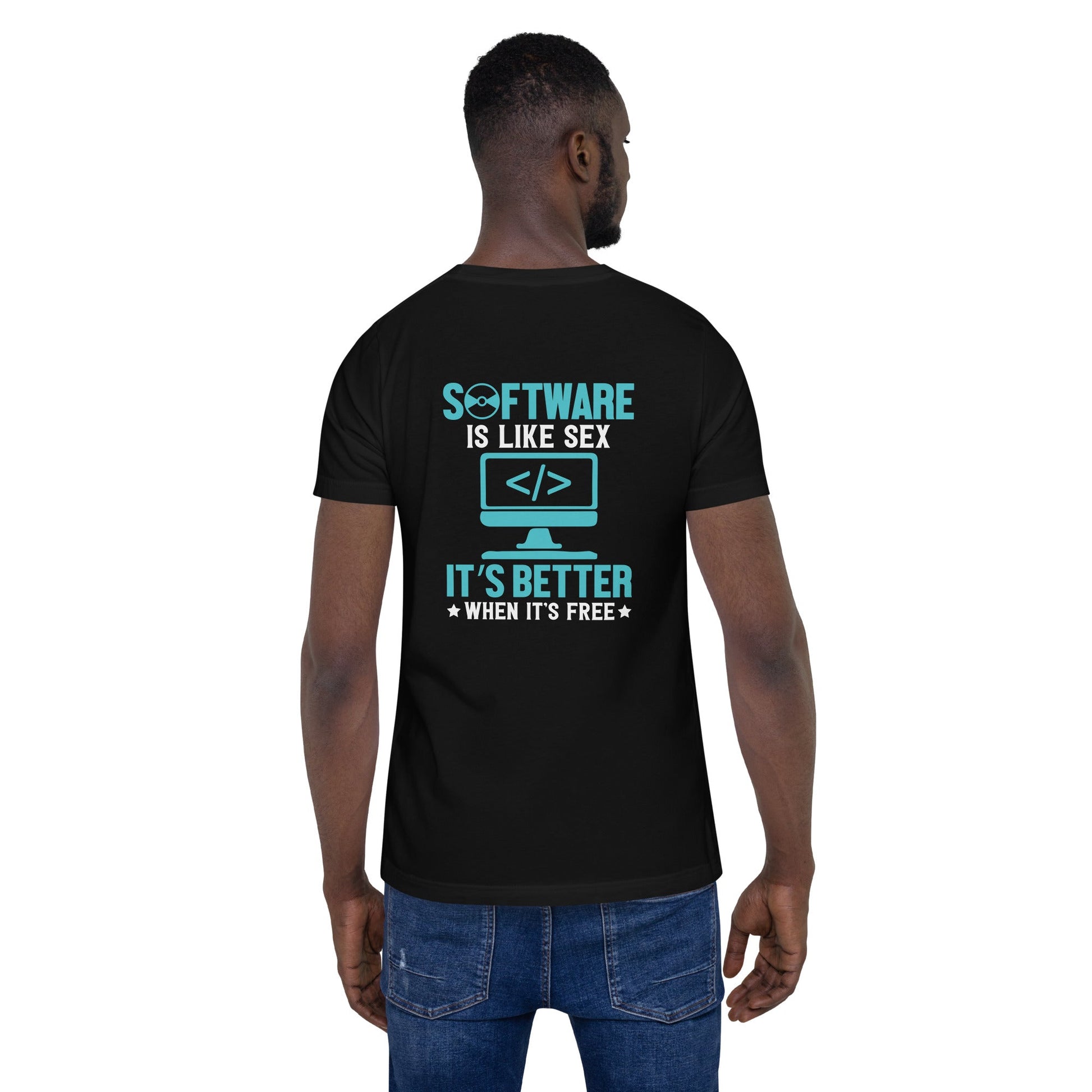 Software is like Sex - Blue Unisex t-shirt ( Back Print ) by DarkByteGear