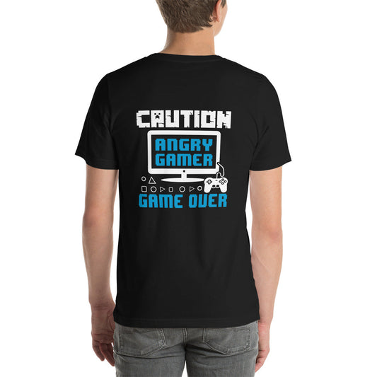 Caution! Angry Gamer Unisex t-shirt ( Back Print ) by DarkByteGear