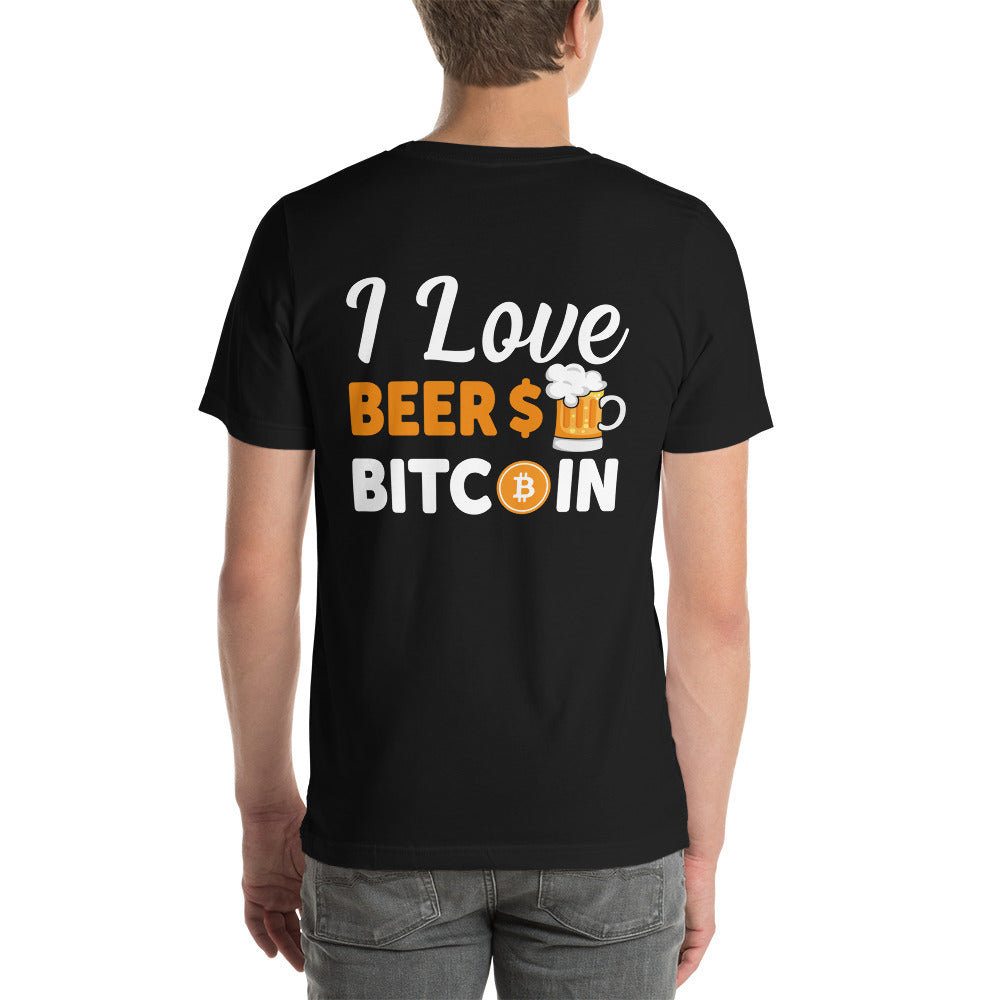 I Love Beer and Bitcoin Unisex t-shirt ( Back Print ) by DarkByteGear