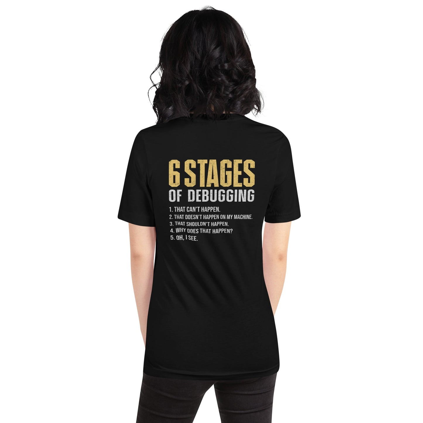 6 Stages of Debugging Yellow V Unisex t-shirt ( Back Print ) by DarkByteGear