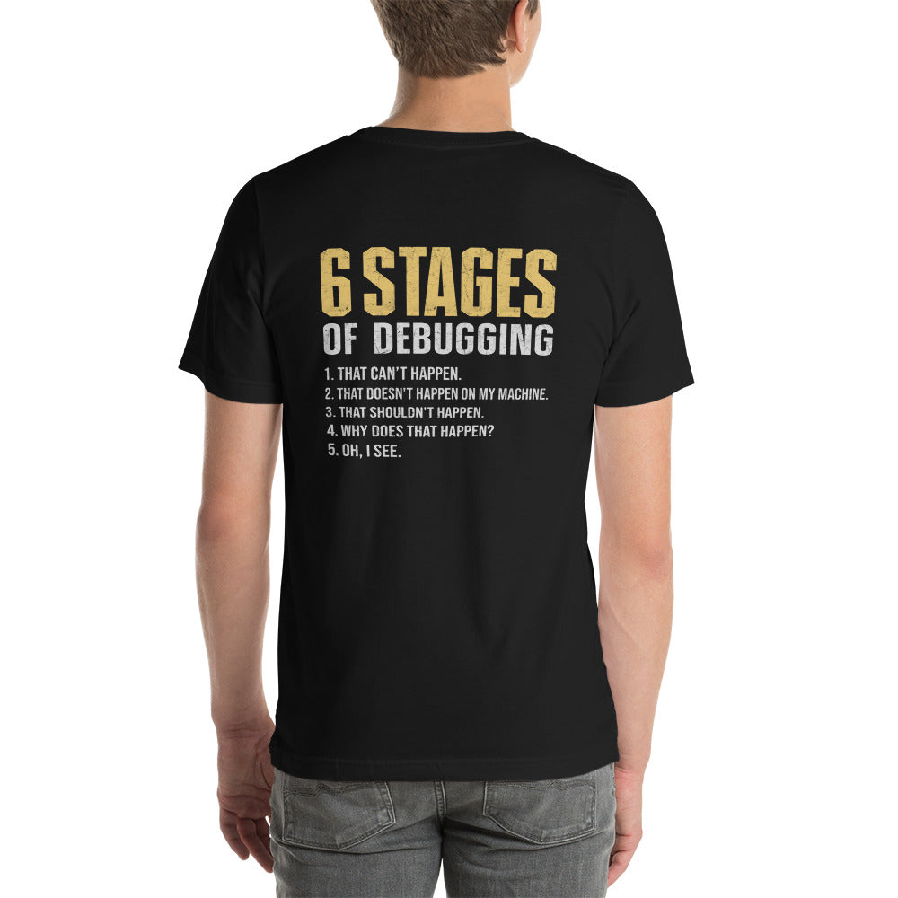 6 Stages of Debugging Yellow V Unisex t-shirt ( Back Print ) by DarkByteGear