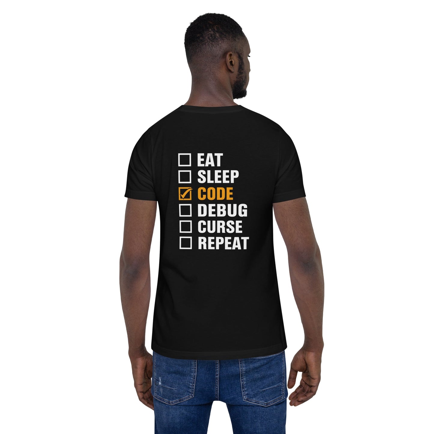 Eat, Sleep, Code √, Debug, Curse, Repeat - Unisex t-shirt by DarkByteGear