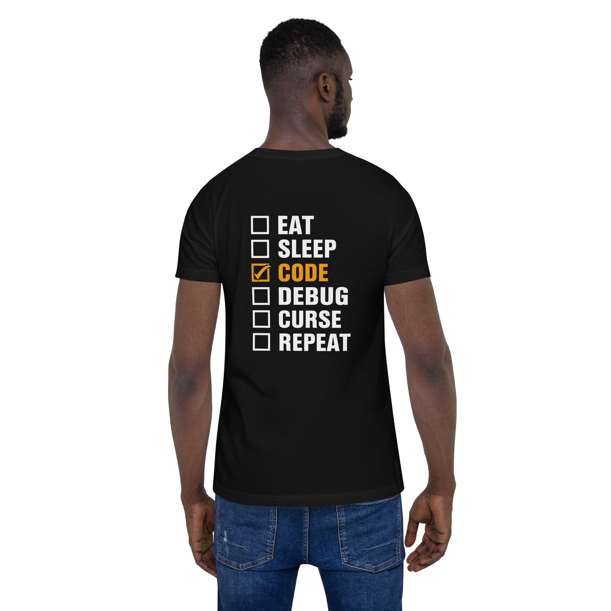 Eat, Sleep, Code √, Debug, Curse, Repeat - Unisex t-shirt by DarkByteGear
