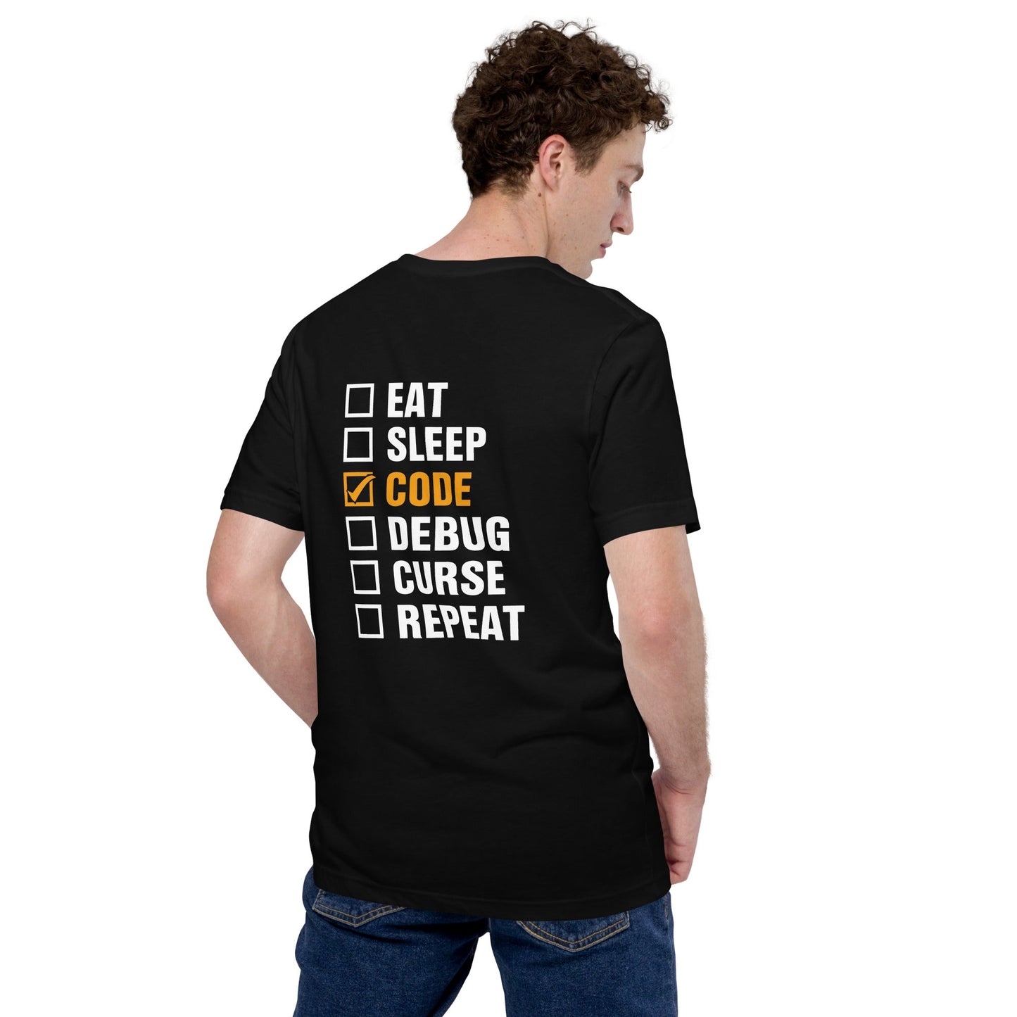 Eat, Sleep, Code √, Debug, Curse, Repeat - Unisex t-shirt by DarkByteGear