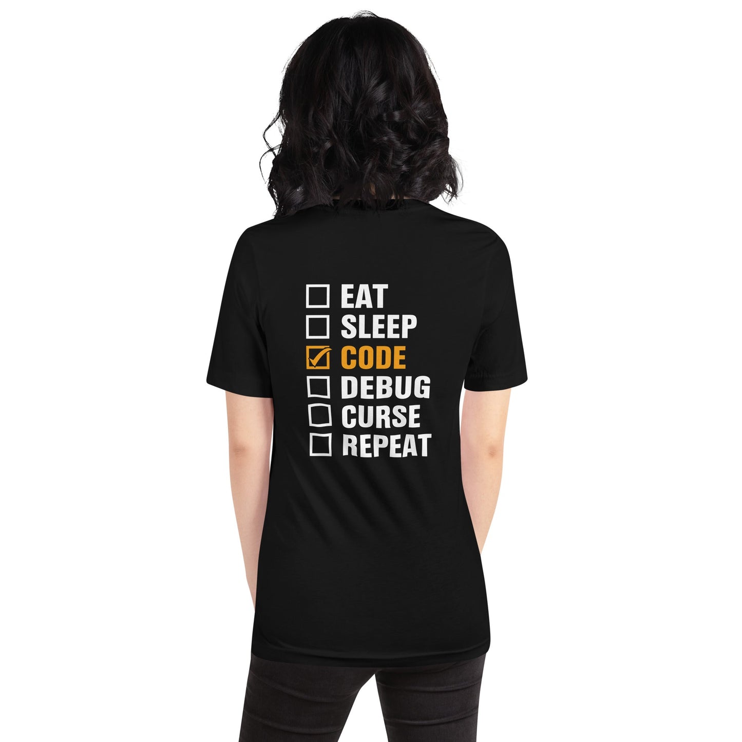 Eat, Sleep, Code √, Debug, Curse, Repeat - Unisex t-shirt by DarkByteGear