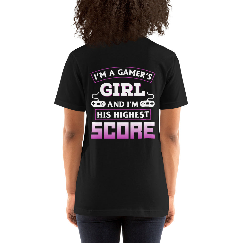 I am a Gamer's Girl, I'm his Greatest Achievement Purple edition - Unisex t-shirt by DarkByteGear