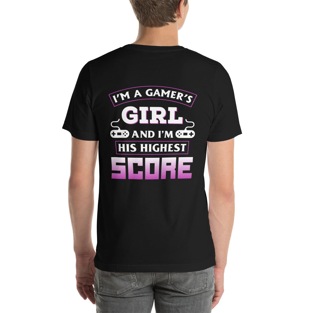 I am a Gamer's Girl, I'm his Greatest Achievement Purple edition - Unisex t-shirt by DarkByteGear