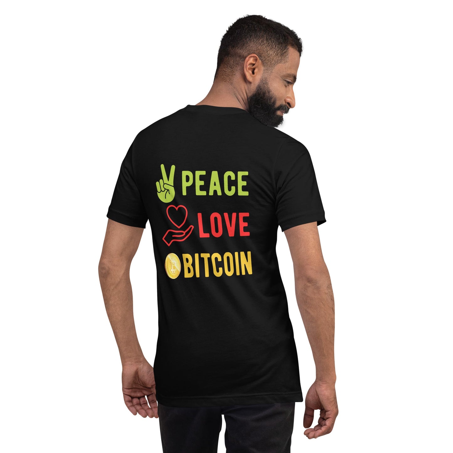 Peace Love Bitcoin Unisex t-shirt by DarkByteGear