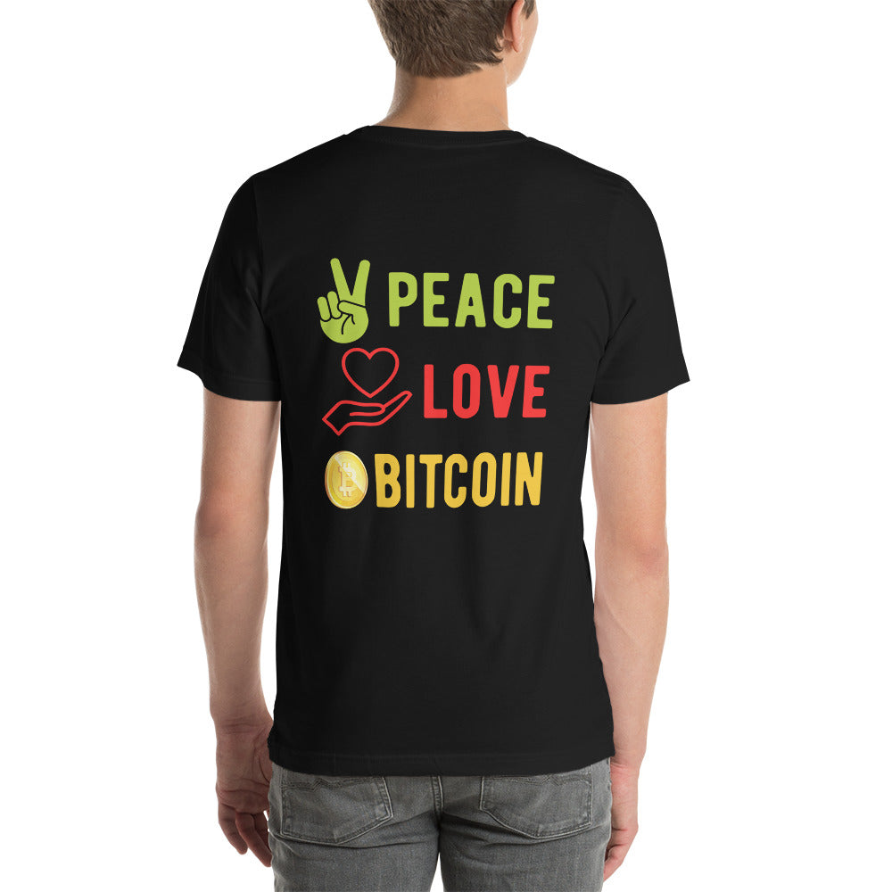Peace Love Bitcoin Unisex t-shirt by DarkByteGear