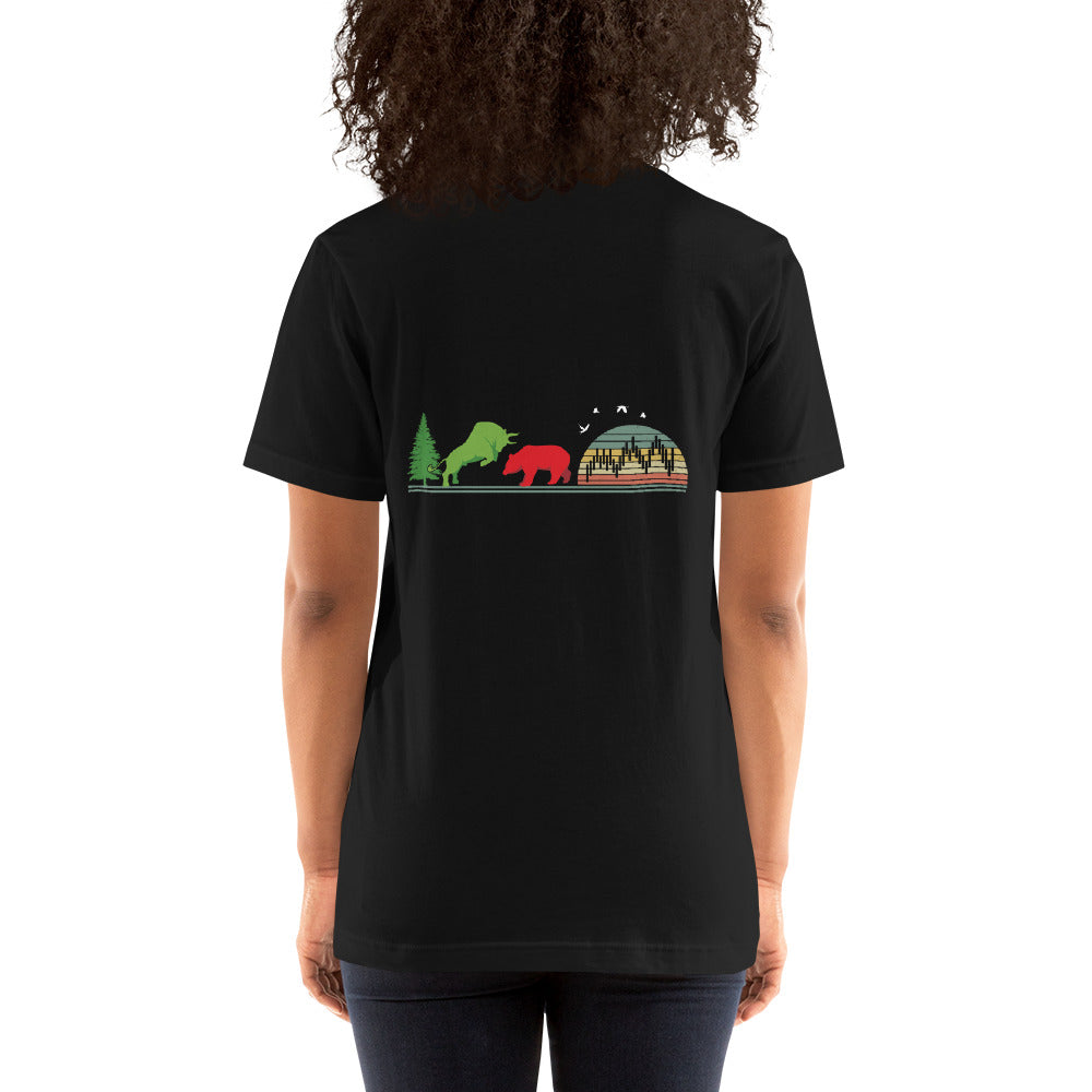 Pine tree Green Bull Read Bear Trading - Unisex t-shirt ( Back Print ) by DarkByteGear