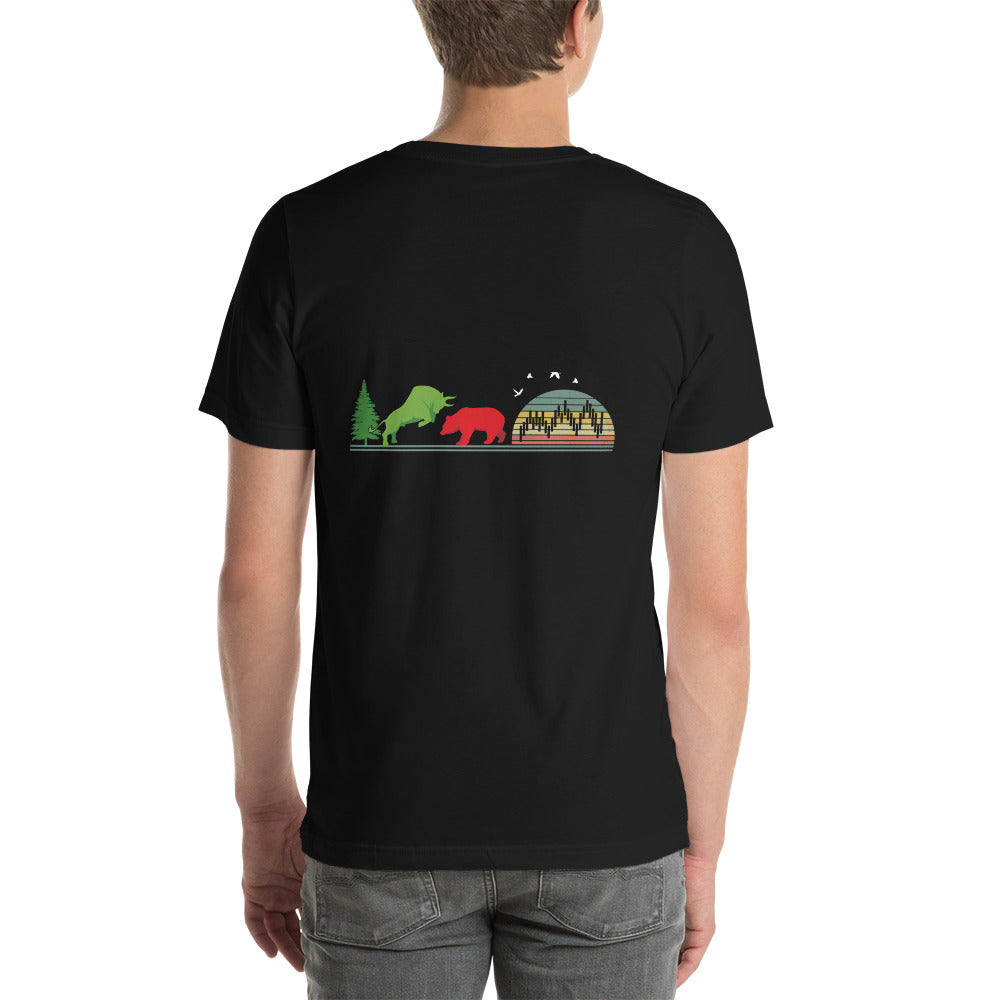 Pine tree Green Bull Read Bear Trading - Unisex t-shirt ( Back Print ) by DarkByteGear