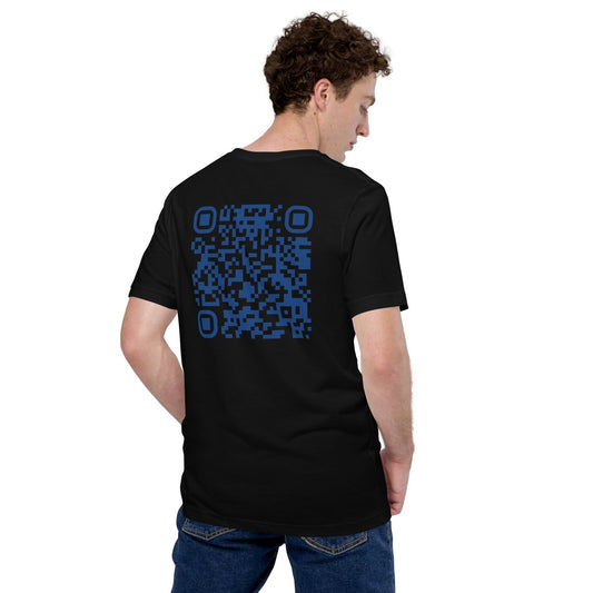 Who's the New Kid, Hacker, Developer, Gamer, Crypto King V1 (Blue) - Unisex t-shirt Personalized QR Code by DarkByteGear