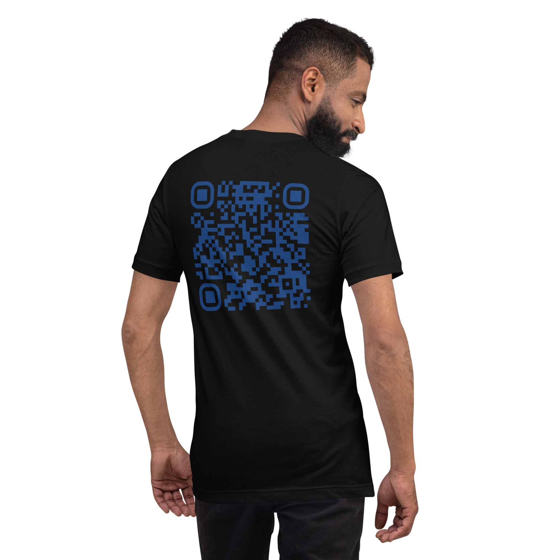 Who's the New Kid, Hacker, Developer, Gamer, Crypto King V1 (Blue) - Unisex t-shirt Personalized QR Code by DarkByteGear