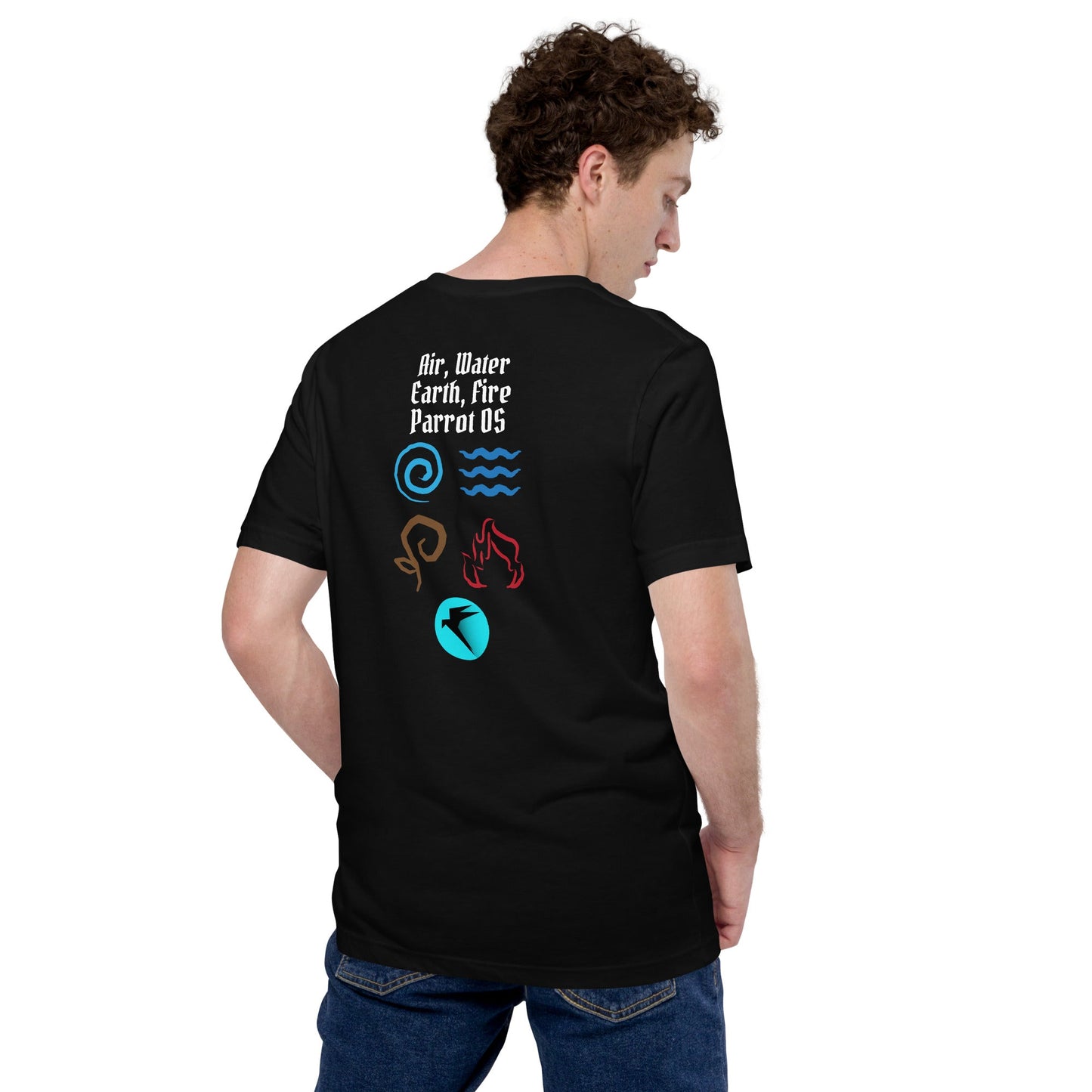 Air, Water, Earth, Fire, Parrot OS - Unisex t-shirt ( Back Print ) by DarkByteGear