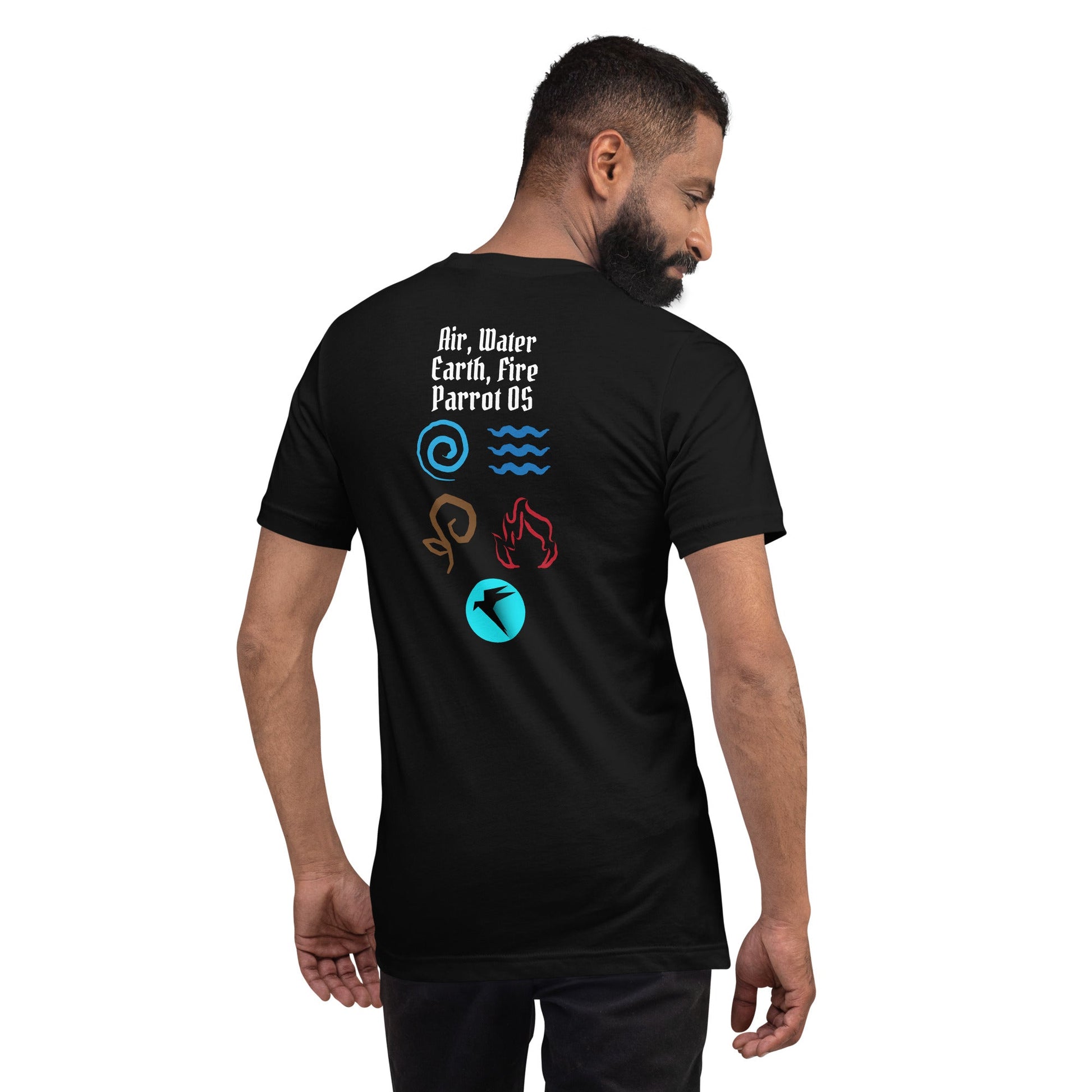Air, Water, Earth, Fire, Parrot OS - Unisex t-shirt ( Back Print ) by DarkByteGear