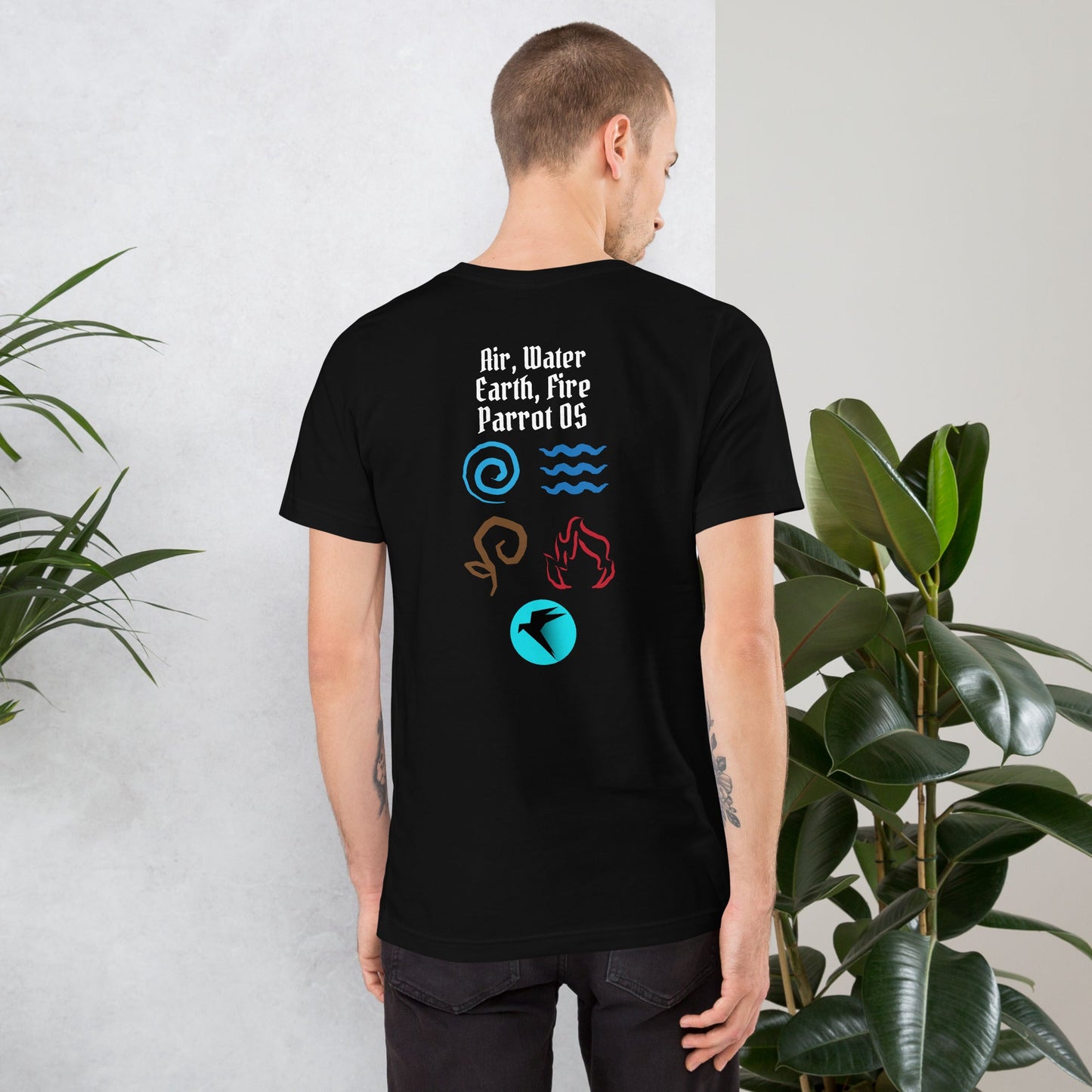 Air, Water, Earth, Fire, Parrot OS - Unisex t-shirt ( Back Print ) by DarkByteGear