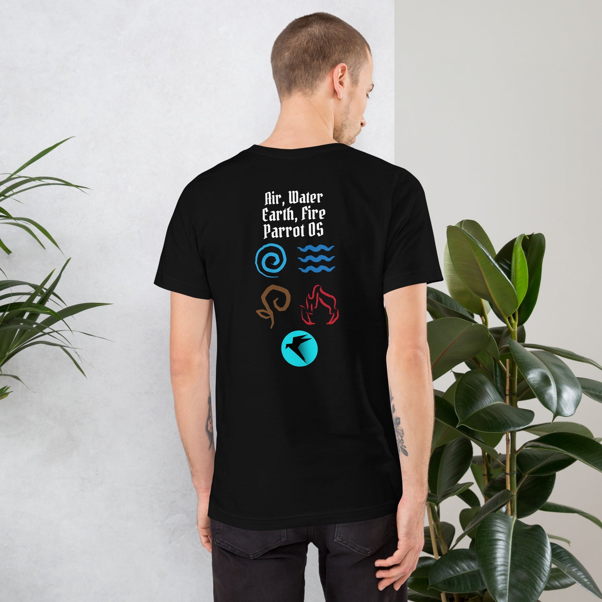 Air, Water, Earth, Fire, Parrot OS - Unisex t-shirt ( Back Print ) by DarkByteGear