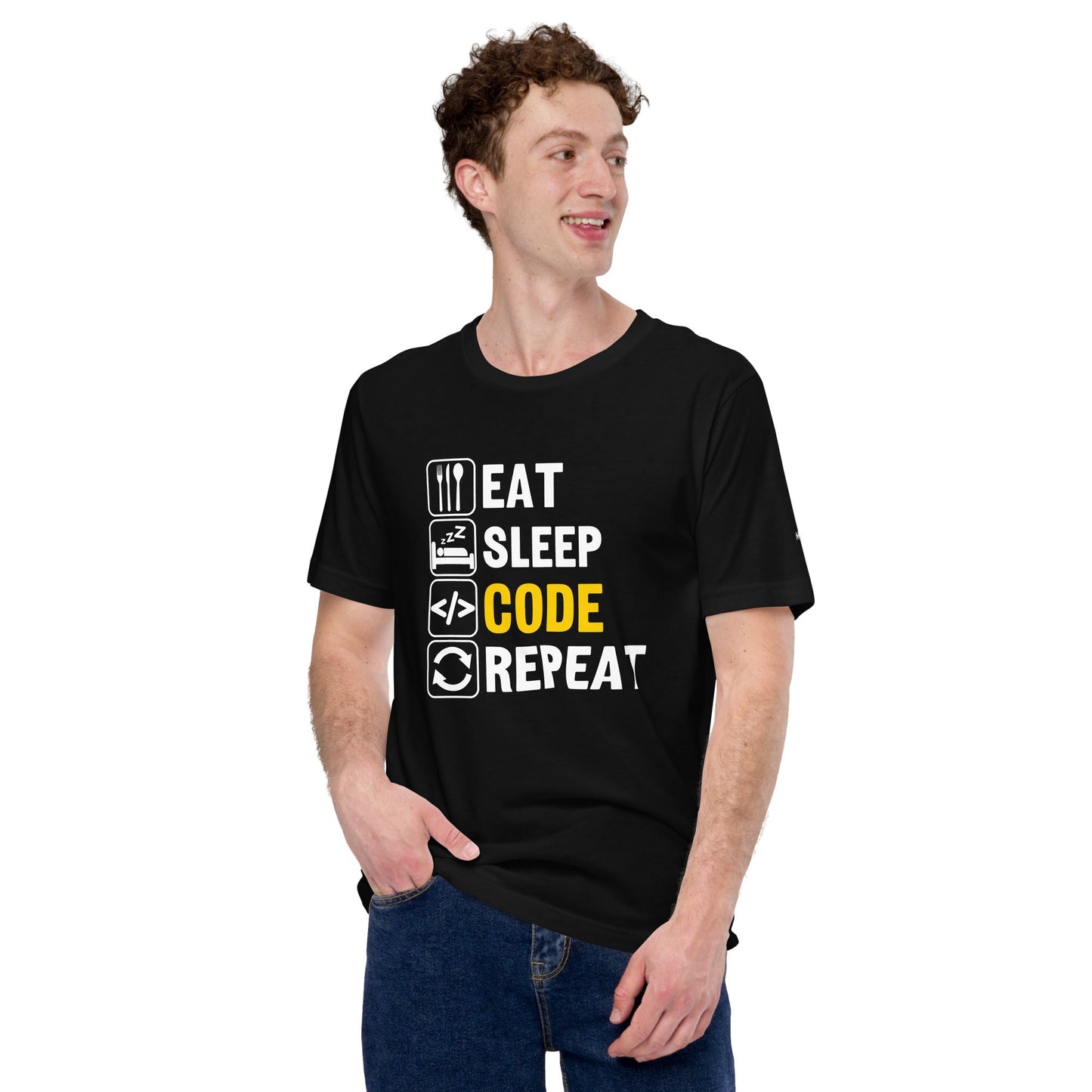 Eat Sleep Code Repeat ( Yellow Text ) - Unisex t-shirt by DarkByteGear