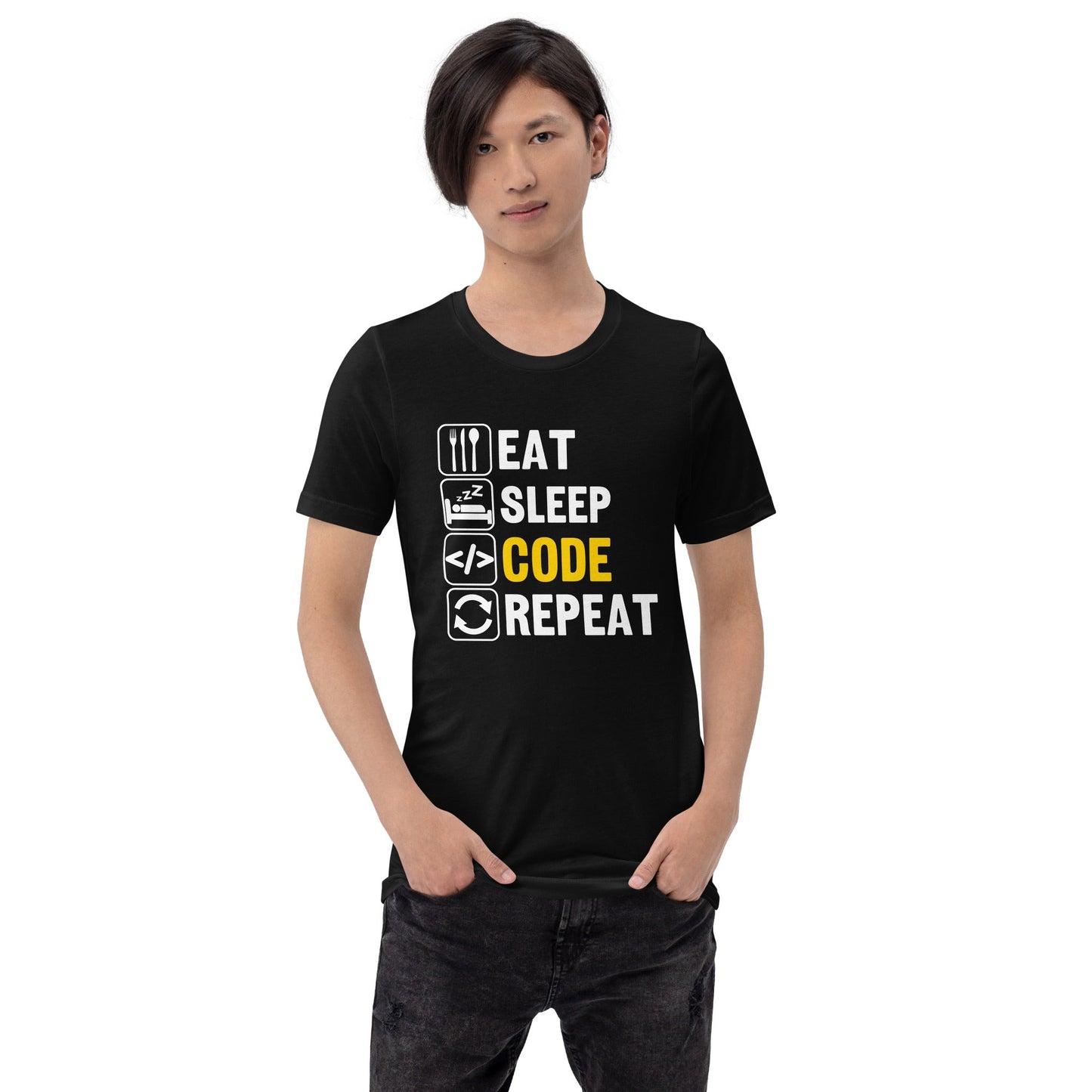 Eat Sleep Code Repeat ( Yellow Text ) - Unisex t-shirt by DarkByteGear