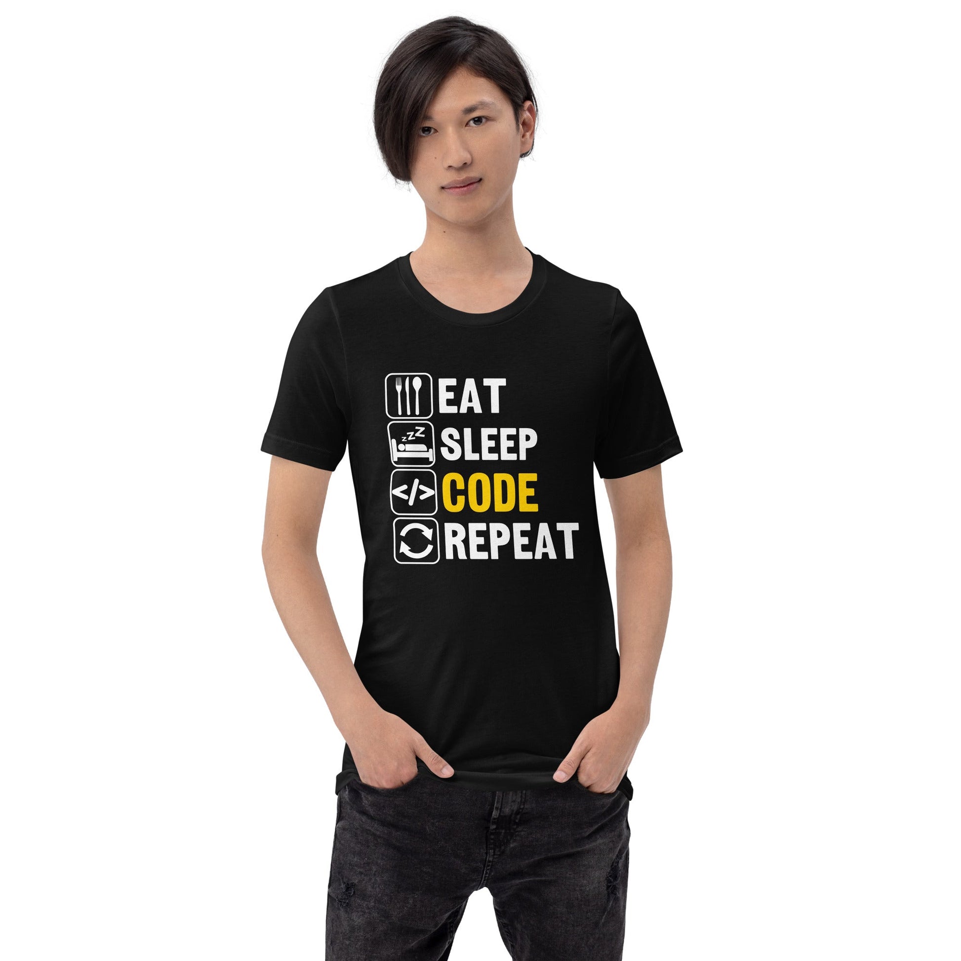 Eat Sleep Code Repeat ( Yellow Text ) - Unisex t-shirt by DarkByteGear