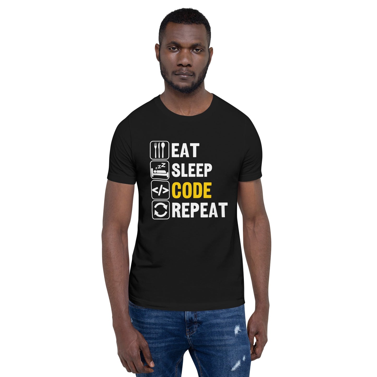 Eat Sleep Code Repeat ( Yellow Text ) - Unisex t-shirt by DarkByteGear