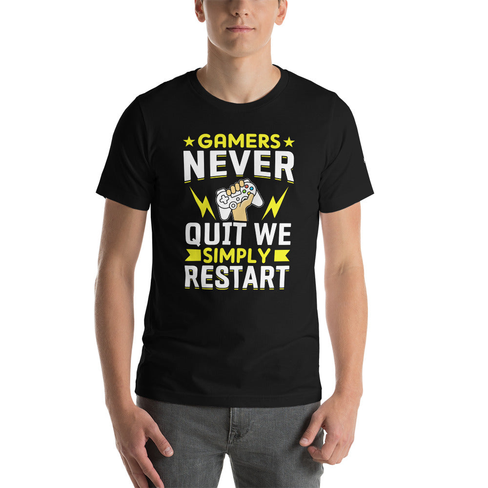 Gamers never Quit, we Simply Restart Unisex t-shirt by DarkByteGear