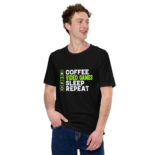 Coffee, Video Games, Sleep, Repeat Unisex t-shirt by DarkByteGear