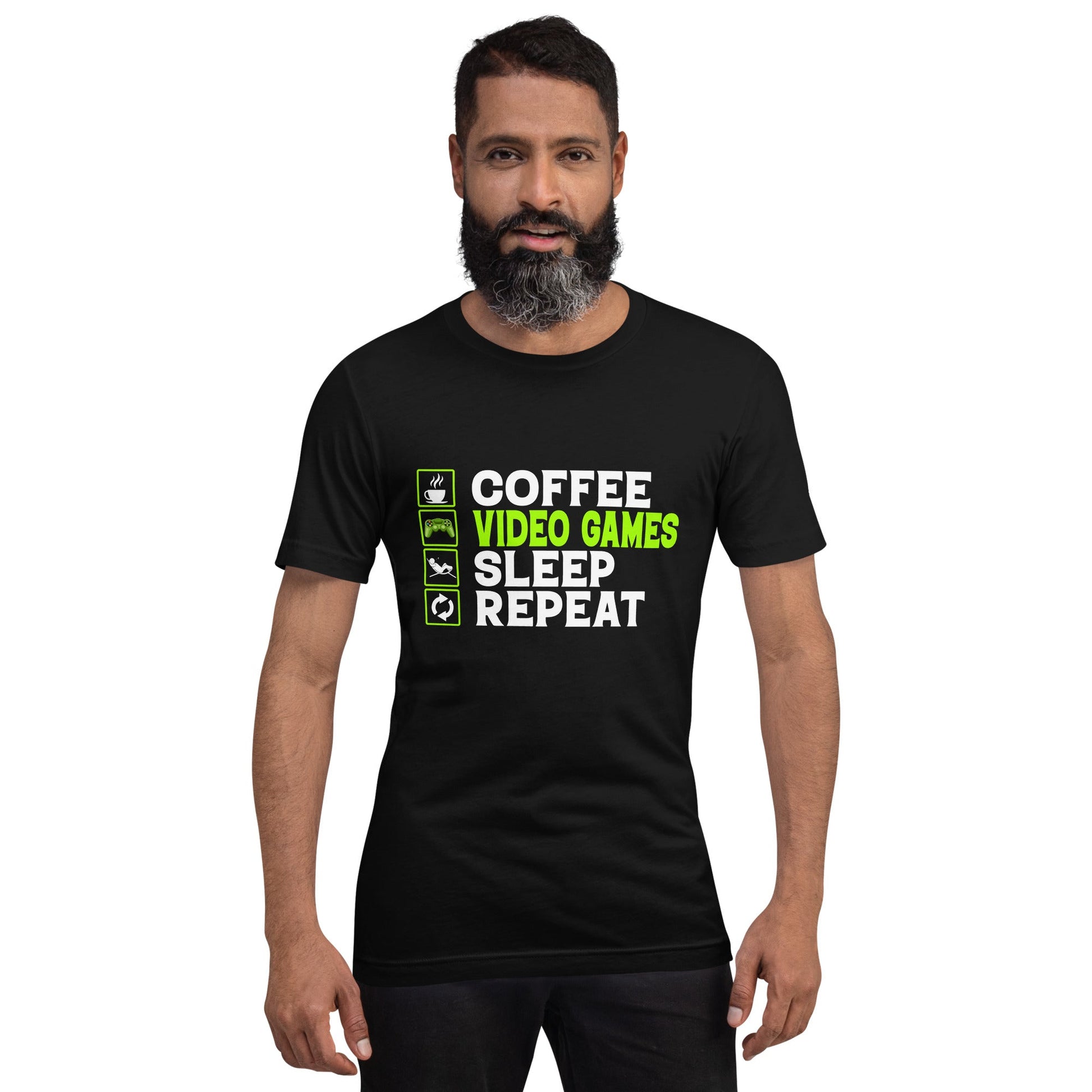 Coffee, Video Games, Sleep, Repeat Unisex t-shirt by DarkByteGear