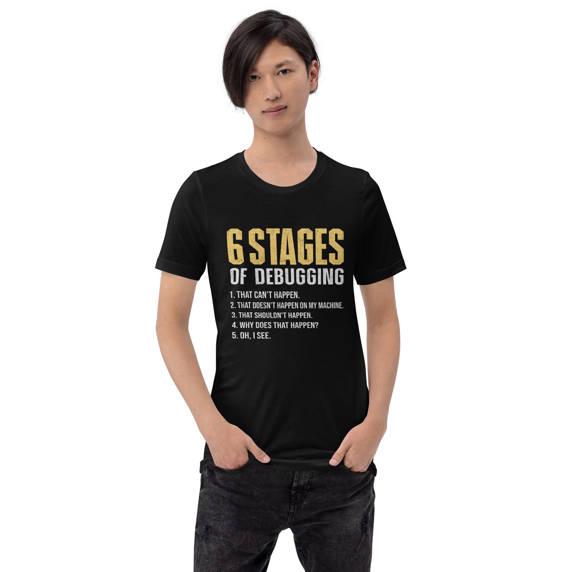 6 Stages of Debugging Yellow V Unisex t-shirt by DarkByteGear