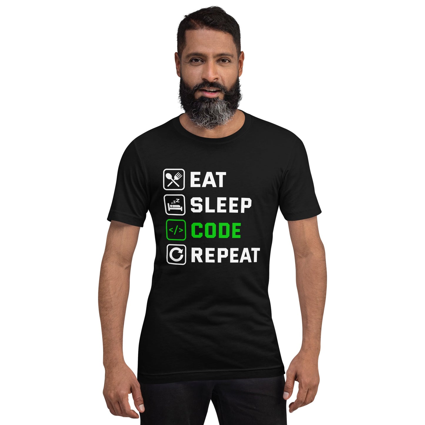 Eat Sleep Code Repeat ( Green Text ) - Unisex t-shirt by DarkByteGear