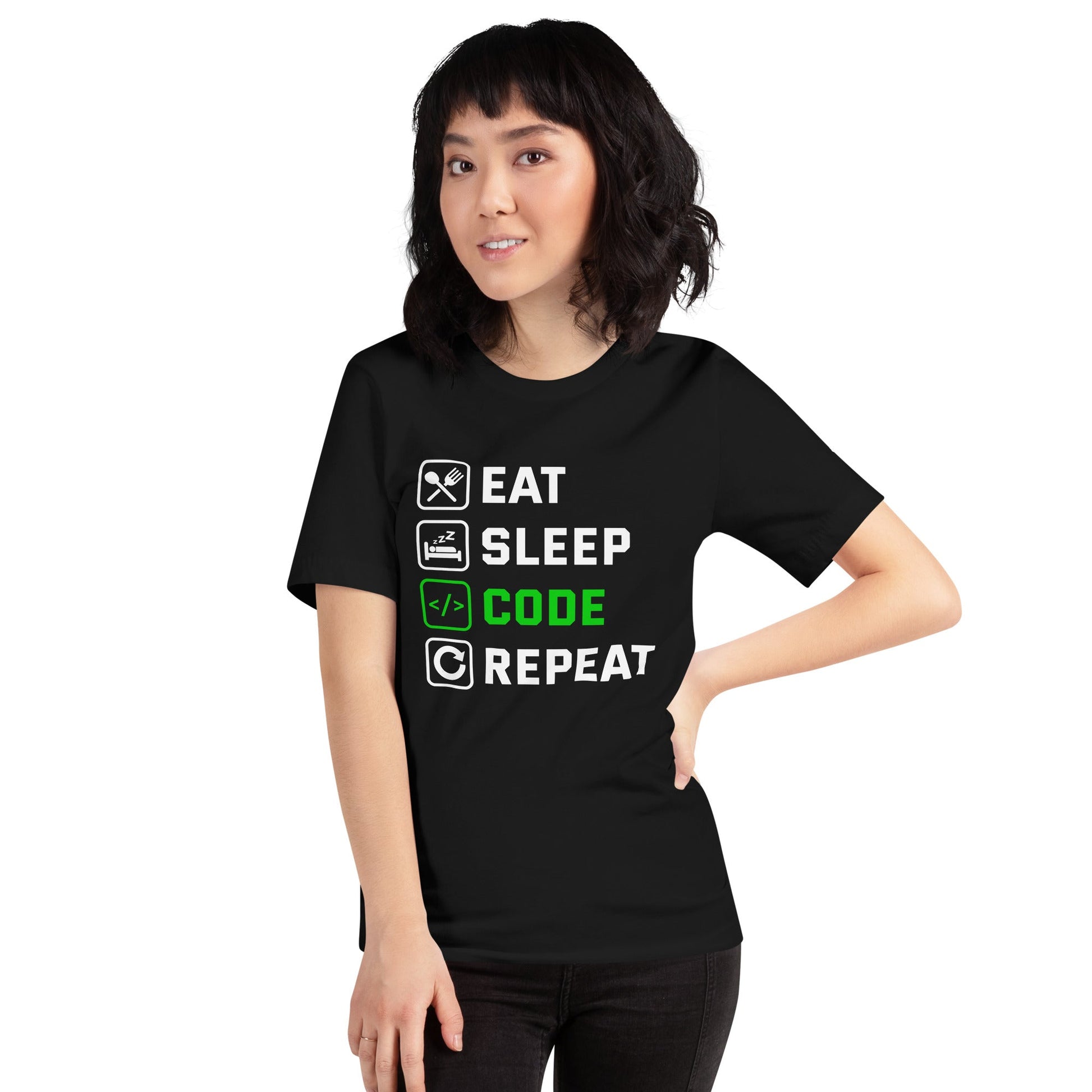 Eat Sleep Code Repeat ( Green Text ) - Unisex t-shirt by DarkByteGear