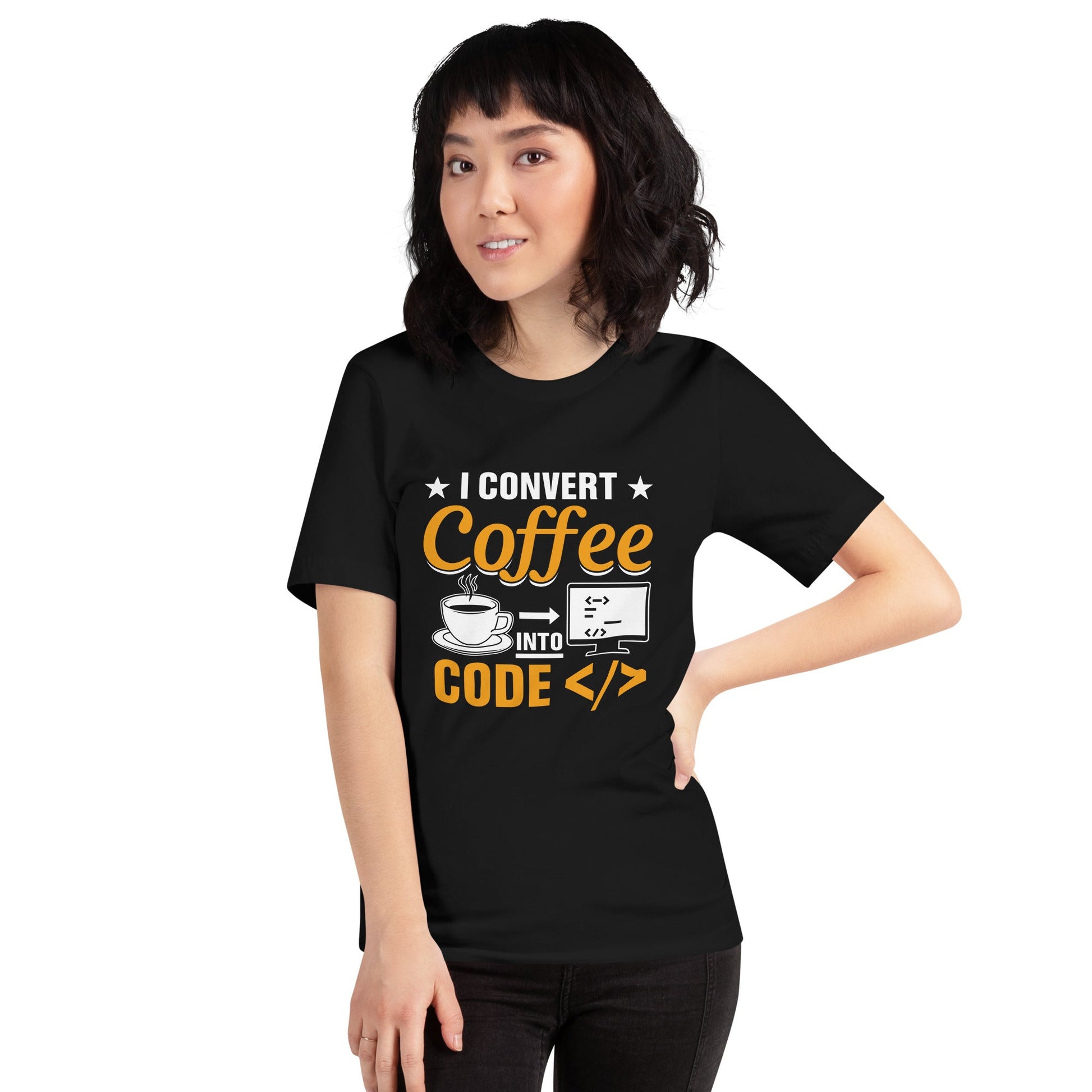 I Convert Coffee into Code </> - Unisex t-shirt by DarkByteGear