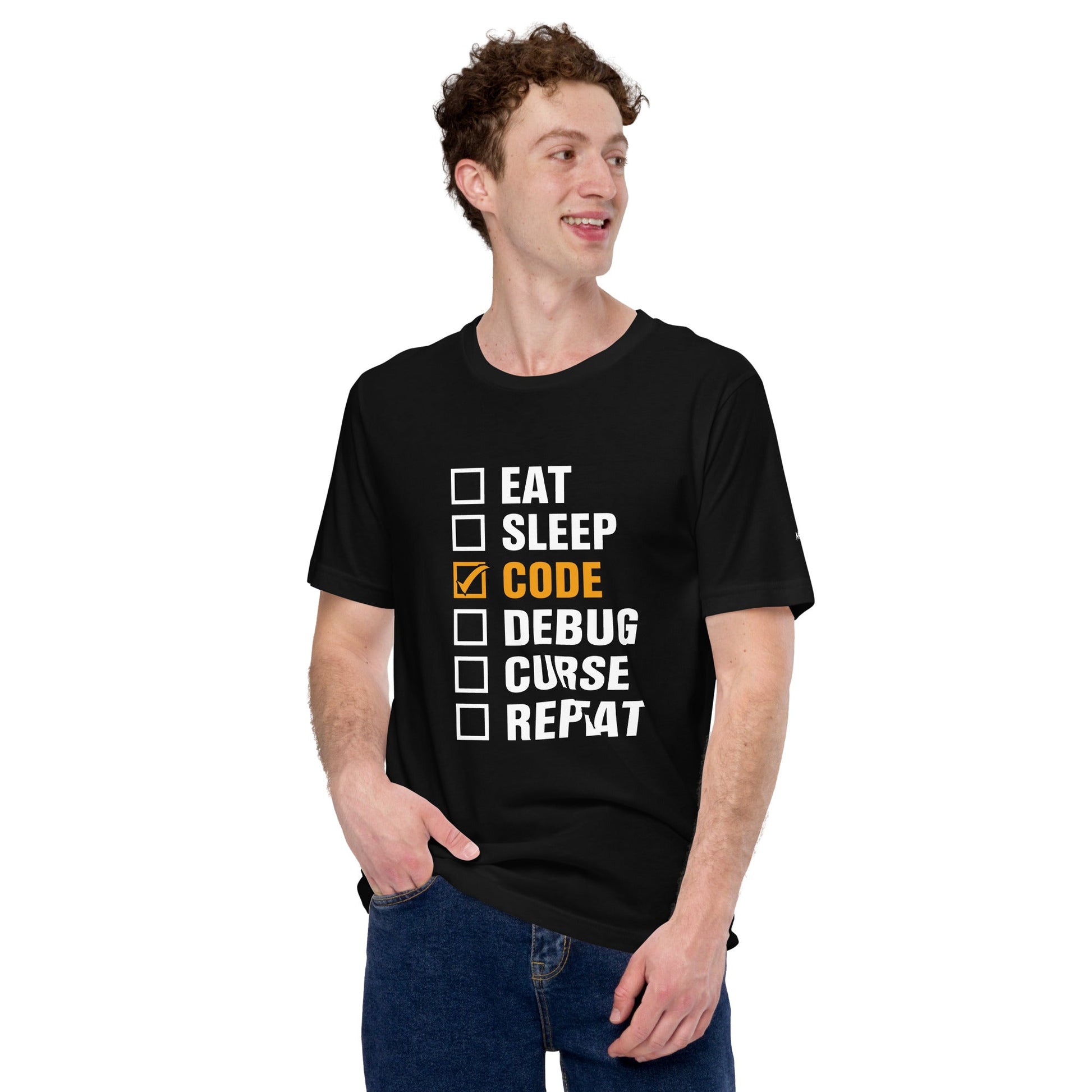 Eat, Sleep, Code √, Debug, Curse, Repeat - Unisex t-shirt by DarkByteGear